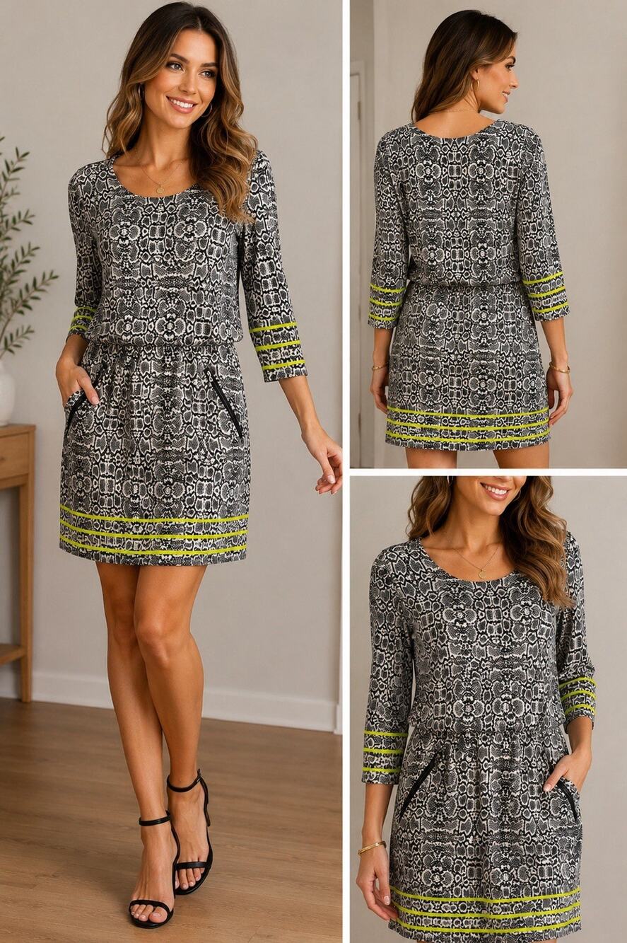 Dolce Vita Womens Size M Snake Print Shift Dress 3/4 Sleeve Zip Pockets Gray